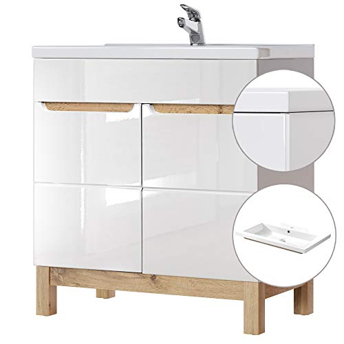 Lomadox Badmöbel Waschtisch Set, 80cm Unterschrank Hochglanz weiß & Wotaneiche, 81cm Keramik-Waschbecken, B x H x T ca. 81 x 85 x 46cm von Lomadox