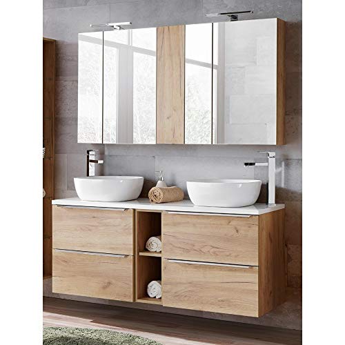 Lomadox Badmöbel Waschtisch Set 140cm, 2 Keramik-Waschbecken & 2 Spiegelschränken, Wotaneiche & Hochglanz weiß von Lomadox