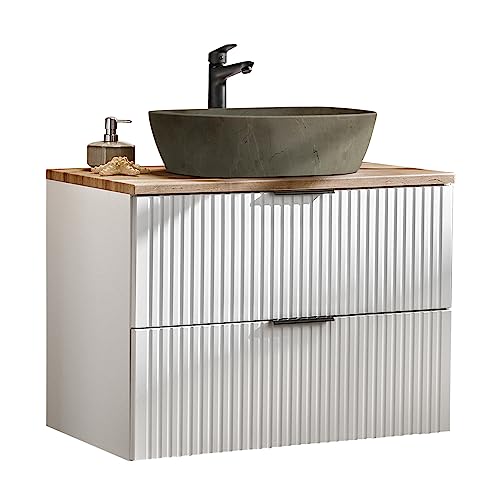 Lomadox Badmöbel Waschtisch Set Unterschrank weiß matt gerillt mit Wotaneiche, Keramik-Waschbecken Beton-Optik, 2 Softclose-Schubkästen, B/H/T 80,6/74,2/46,5 cm von Lomadox