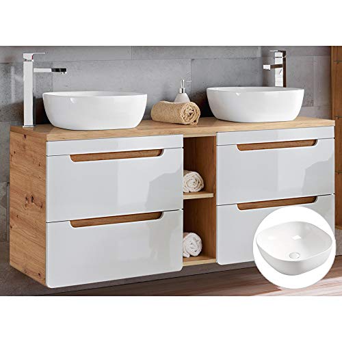 Lomadox Badmöbel Waschtisch Set in weiß Hochglanz & Wotan Eiche Nb., 2 Keramik-Aufsatzwaschbecken, 140 cm Waschtischunterschrank 4 Softclose-Schubkästen Lomadox Badmöbel Waschtisch Set in weiß Hochglanz & Wotan Eiche Nb., 2 Keramik-Aufsatzwaschbecken, 140 cm Waschtischunterschrank 4 Softclose-Schubkästen von Lomadox