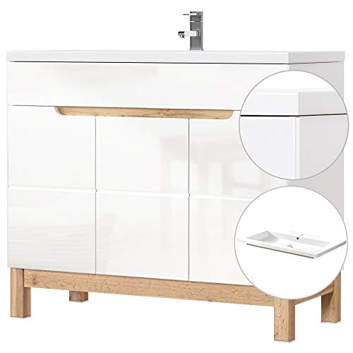 Lomadox Badmöbel Waschtisch Set mit 100cm Unterschrank in Hochglanz weiß, Wotaneiche, Keramik-Waschbecken, Softclose-Türen, B/H/T 100/85/46cm von Lomadox