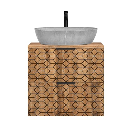 Lomadox Badmöbel Waschtisch Unterschrank Set 60cm Eiche mit Rautenoptik Keramik-Waschbecken Badschrank mit 2 Softclose-Auszügen von Lomadox