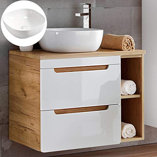 Lomadox Badmöbel Waschtisch Unterschrank Set 80 cm Hochglanz weiß Wotan Eiche Nb., 2 Softclose Schubkästen, Regal, 41 cm Keramik-Waschbecken Lomadox Badmöbel Waschtisch Unterschrank Set 80 cm Hochglanz weiß Wotan Eiche Nb., 2 Softclose Schubkästen, Regal, 41 cm Keramik-Waschbecken von Lomadox