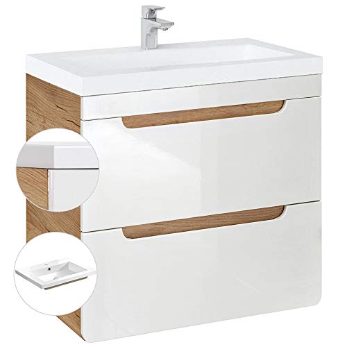 Lomadox Badmöbel Waschtisch mit 61 cm Unterschrank und Keramik Waschbecken, Hochglanz weiß Wotan Eiche Nb., 2 Softclose-Schubkästen Lomadox Badmöbel Waschtisch mit 61 cm Unterschrank und Keramik Waschbecken, Hochglanz weiß Wotan Eiche Nb., 2 Softclose-Schubkästen von Lomadox