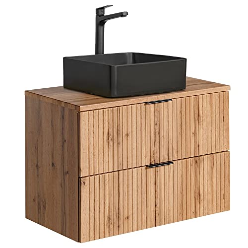 Lomadox Badmöbel Waschtisch mit 80 cm Unterschrank Set, Wotaneiche gerillt, Keramik-Waschbecken schwarz, 2 Softclose-Schubkästen, B/H/T 80,6/72,2/46,5 cm von Lomadox