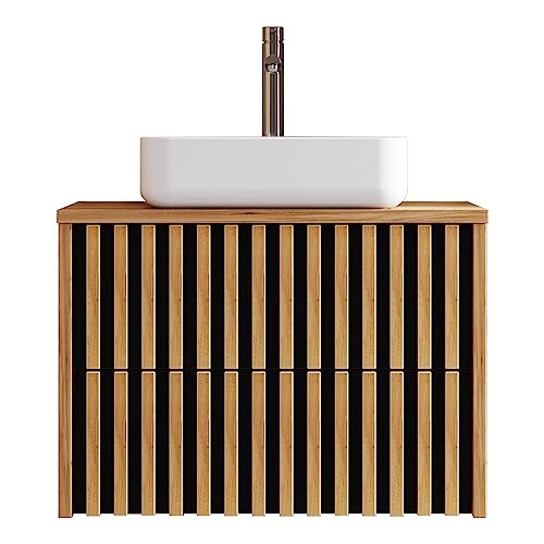 Lomadox Badmöbel Waschtisch mit Unterschrank 80 cm Keramik Aufsatzwaschbecken Eiche Nb. mit schwarz Lamellenfront B/H/T 80,4/76,5/45,5 cm von Lomadox