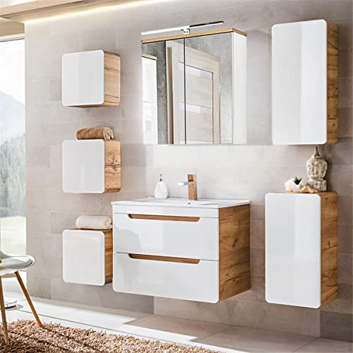 Badmöbelset mit 81 cm Waschtisch & LED-Spiegelschrank in Hochglanz weiß mit Wotan Eiche Nb., B/H/T ca. 180/200/46 cm von Lomadox