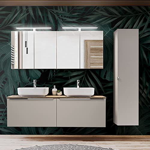 Lomadox Badmöbel Komplett Set in Taupe mit Vintage Eiche, 160cm Doppel Waschtischunterschrank, 2 Keramik Waschbecken, 2 LED-Spiegelschränke, Hochschrank von Lomadox