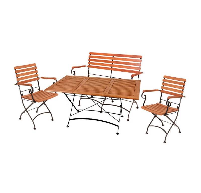 Lomadox Garten-Essgruppe GARDA-120, (4-tlg), Gartenmöbel Set Sitzgruppe Bank Stühle Tisch Eukalyptus Metall von Lomadox