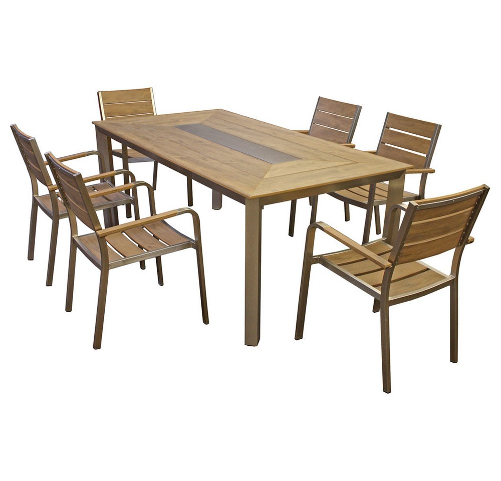 Lomadox Balkonset GARDA-120, (7-tlg), Tischgruppe in Teak-Optik, 6 Stühle, Tisch 192x100cm, braun von Lomadox