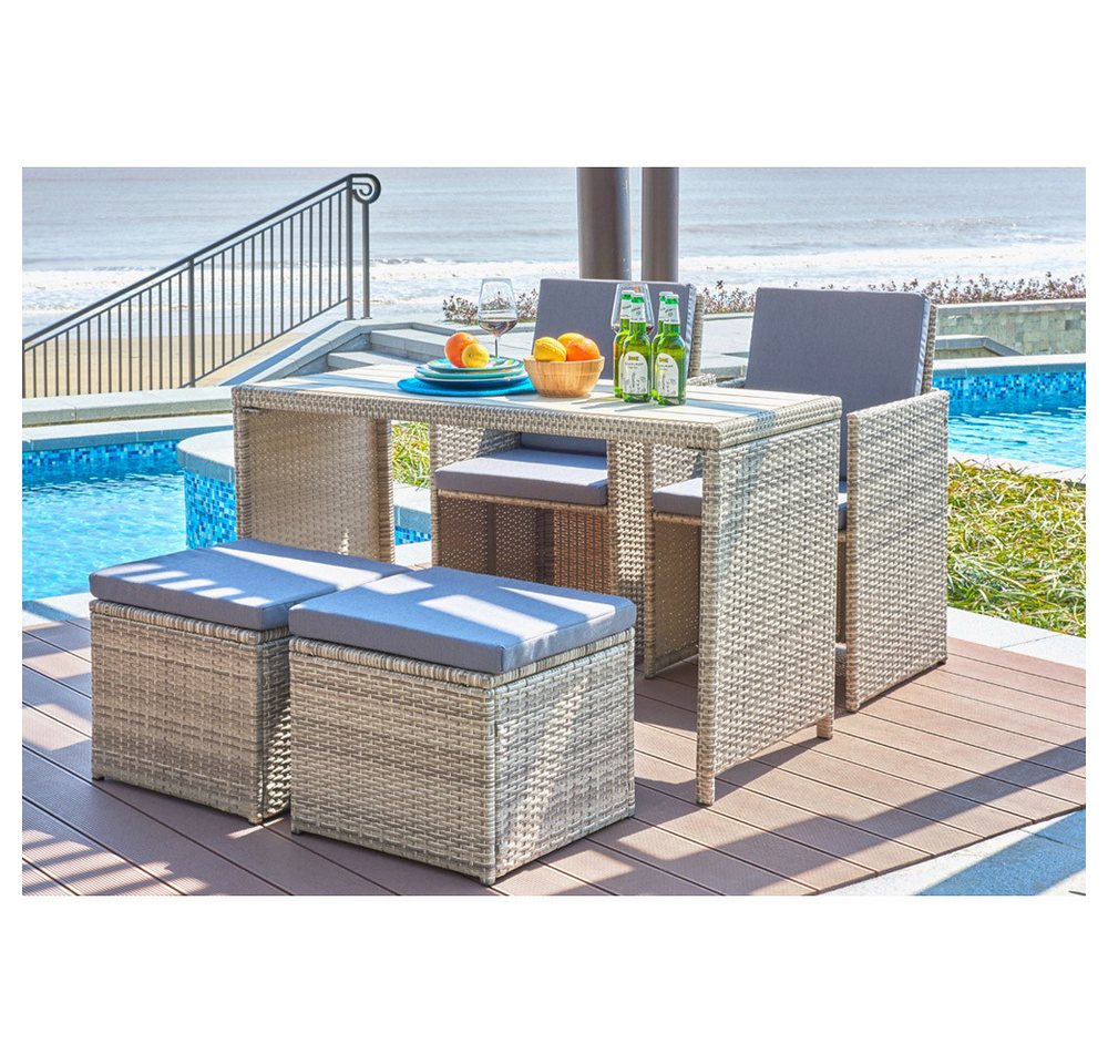 Lomadox Balkonset VERONA-18, (9-tlg), Gartenmöbel Set Polyrattan natur Kissen grau von Lomadox