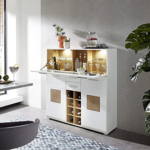 Lomadox Barschrank Hausbar Weinschrank Minibar matt weiß mit Eiche Nb. und LED Beleuchtung, B/H/T: ca. 120/129/37 cm von Lomadox