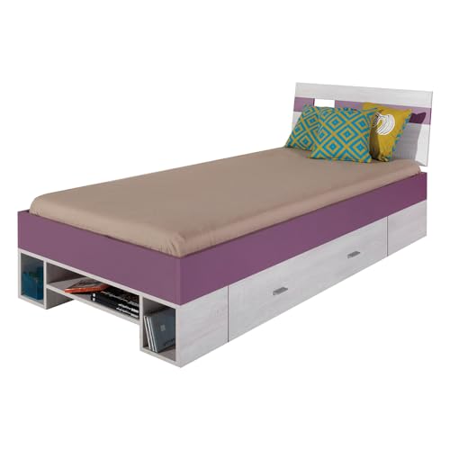 Lomadox Bett 90x200 cm Kinderzimmer Jugendbett Jugendzimmer Kinderbett modern in Kiefer Gebleicht mit lila von Lomadox