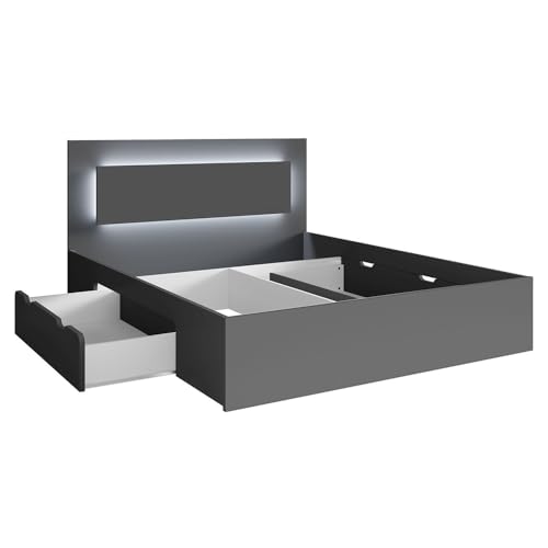 Lomadox Bett Bettgestell 140x200 cm in Graphit mit 2 Bettschubladen, Kopfteil mit LED-Beleuchtung von Lomadox