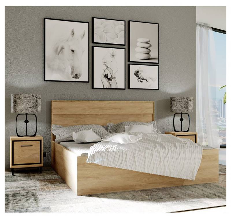 Lomadox Bett MEGARA-161, Jugendbett Nachttisch Ehebett in braun mit Eiche Hickory Design von Lomadox