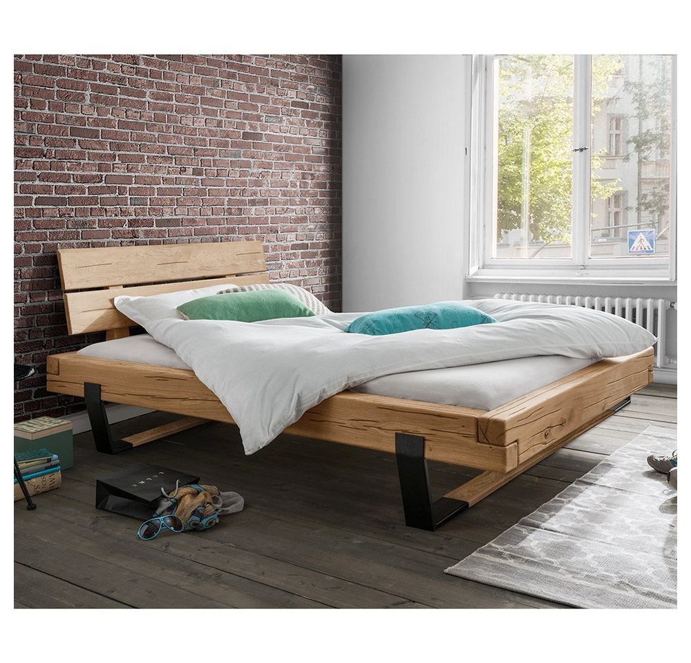 Lomadox Bett UPPSALA-137, Eiche massiv Holzkopfteil schwarze Metallkufen 158/88/228 cm von Lomadox