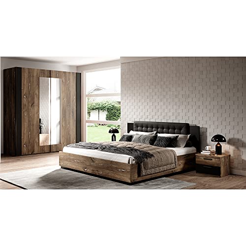 Lomadox Bett mit Lattenrost, Liegefläche 160 x 200 cm und Kleiderschrank in Flagstaf Eiche dunkel Nb. und Silber, kombiniert mit schwarz von Lomadox