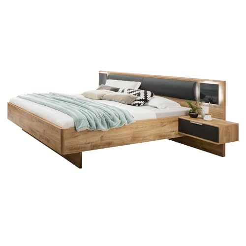 Lomadox Bettanlage Bett Doppelbett 160cm mit Nachtschränken, Beleuchtung und Polsterkopfteil, Graphit und Eiche von Lomadox