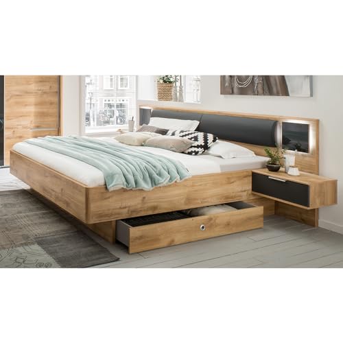 Lomadox Bettanlage Bett Doppelbett 180cm mit 2 Bettschubladen, Nachtschränken, Beleuchtung und Polsterkopfteil, Graphit und Eiche von Lomadox