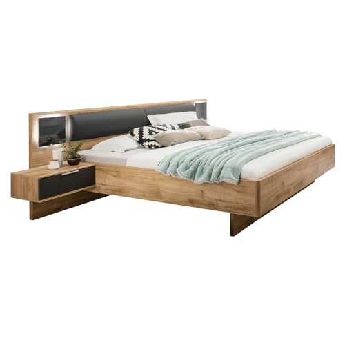 Lomadox Bettanlage Bett Doppelbett 180cm mit Nachtschränken, Beleuchtung und Polsterkopfteil, Graphit und Eiche von Lomadox