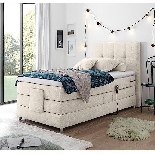 Lomadox Boxspringbett 120x200 cm mit elektrischer Verstellung | Jugendbett in Ivory Creme mit Härtegrad H2 von Lomadox