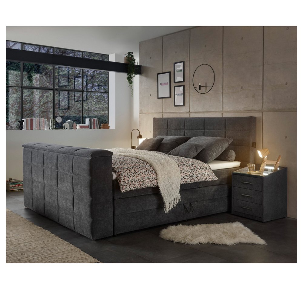 Lomadox Boxspringbett DURAZNO-09, 180x200cm, in anthrazit, TV-Halterung, Bettkasten, 2 Nachtschränke von Lomadox