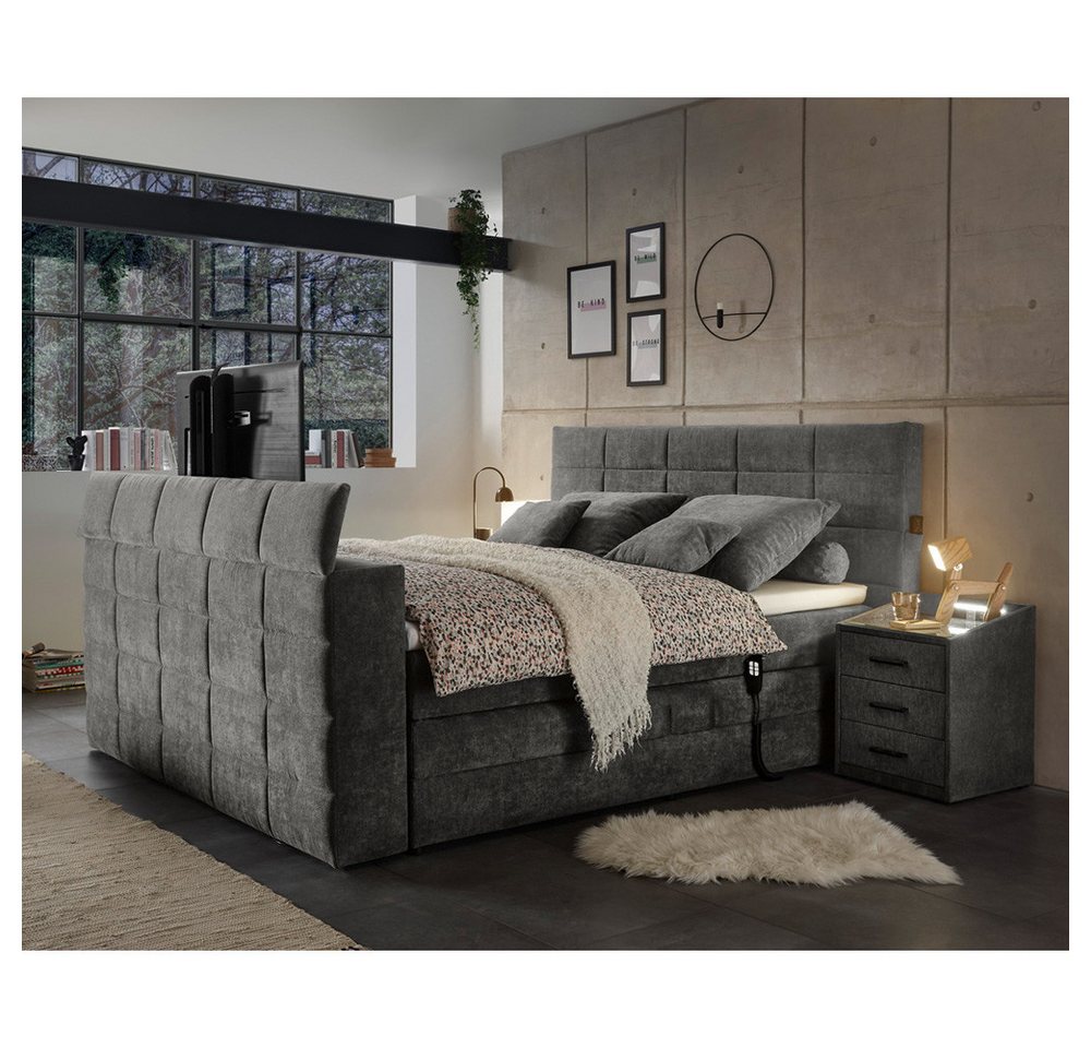 Lomadox Boxspringbett DURAZNO-09, 180x200cm, stone, TV-Halterung, elektr. verstellbar, 2 Nachtschränke von Lomadox