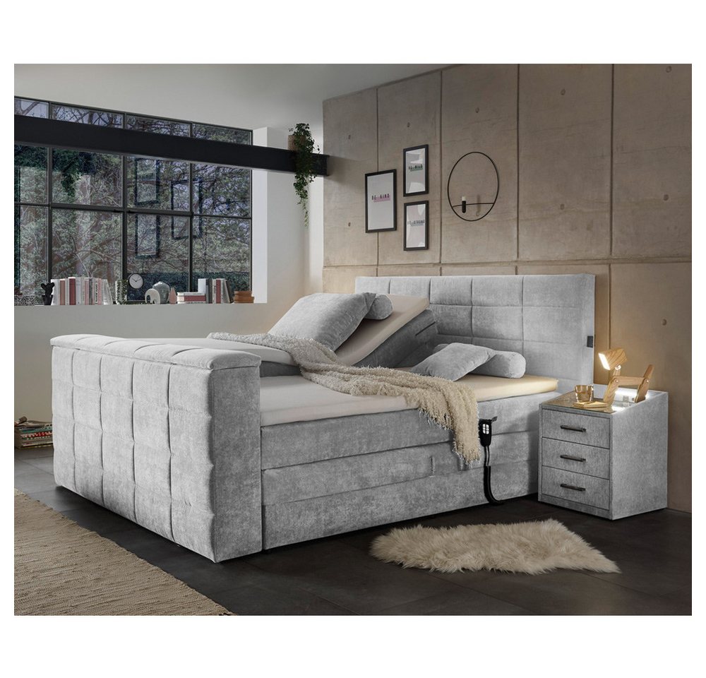 Lomadox Boxspringbett DURAZNO-09, 180x200cm silver TV-Halterung elektr. verstellbar 2 Nachtschränke von Lomadox