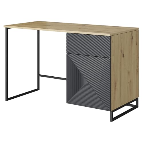 Lomadox Büro Jugendzimmer Schreibtisch Homeoffice mit 120 cm Breite in Eiche und dunkelgrau mit schwarzem Metallgestell, 1 Schublade und 1 Tür, gerillte Front, grifflos, Push-to-Open von Lomadox