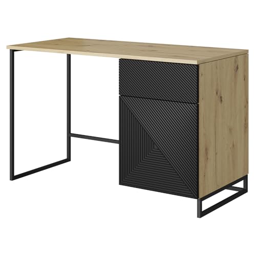 Lomadox Büro Jugendzimmer Schreibtisch Homeoffice mit 120 cm Breite in Eiche und schwarz matt mit schwarzem Metallgestell, 1 Schublade und 1 Tür, gerillte Front, grifflos, Push-to-Open von Lomadox