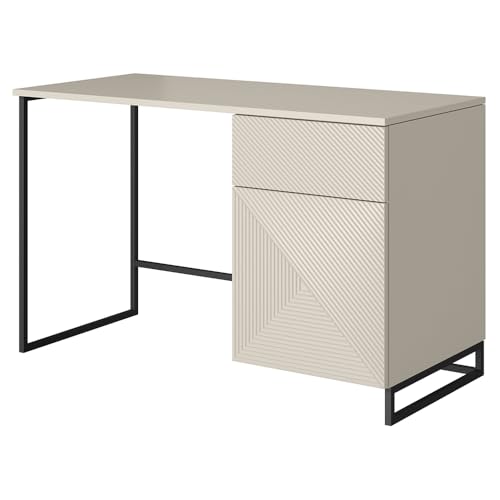 Lomadox Büro Jugendzimmer Schreibtisch Homeoffice mit 120 cm Breite in Kaschmir mit schwarzem Metallgestell, 1 Schublade und 1 Tür, gerillte Front, grifflos, Push-to-Open von Lomadox