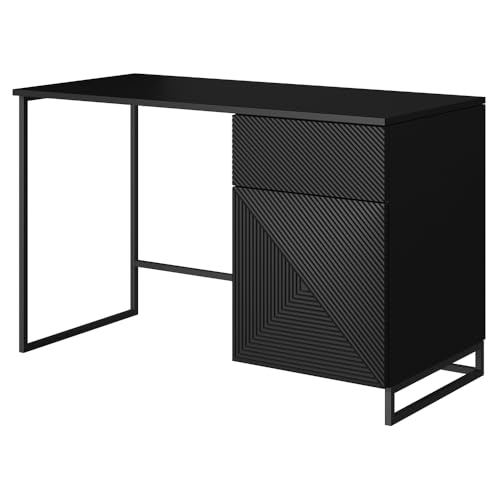 Lomadox Büro Jugendzimmer Schreibtisch Homeoffice mit 120 cm Breite in schwarz matt mit schwarzem Metallgestell, 1 Schublade und 1 Tür, gerillte Front, grifflos, Push-to-Open von Lomadox