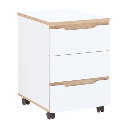 Lomadox Büro Rollcontainer mit 3 Schubladen, weiß mit Eiche, griffloses Design von Lomadox