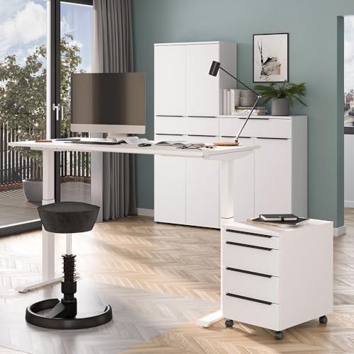 Lomadox Büromöbel Set 4-teilig mit Schreibtisch 180x80 cm, 2 Aktenschränke, Rollcontainer in weiß modern von Lomadox