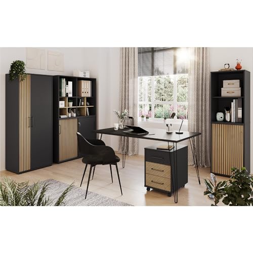 Lomadox Büromöbel-Set 5-teilig Aktenschrank Büroschrank Regal Komplettset mit Schreibtisch in schwarz mit Akustikpaneel-Optik von Lomadox