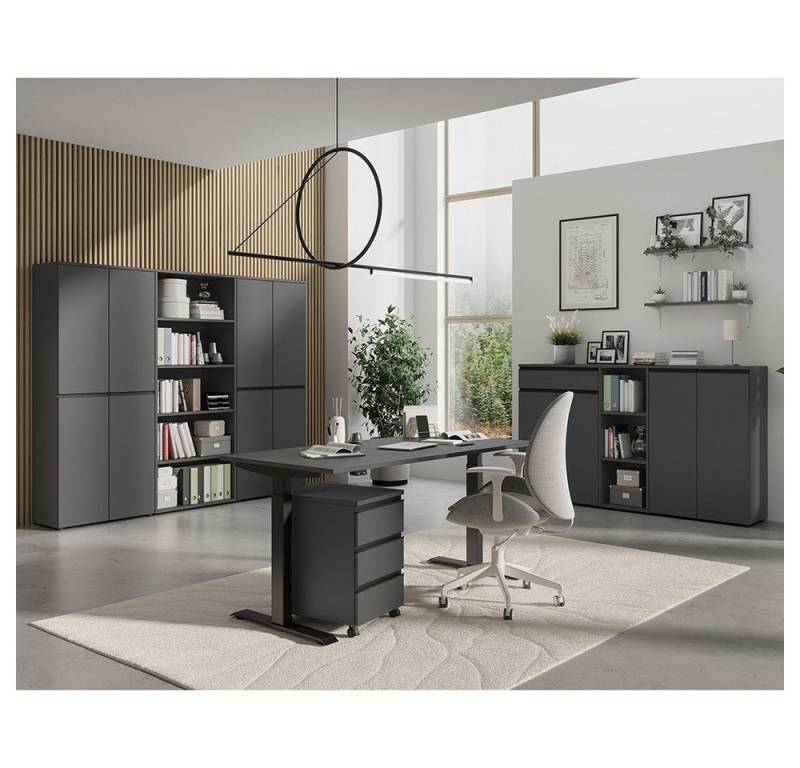 Lomadox Büromöbel-Set BETHANY-01, (Spar-Set, 8-tlg., Aktenschränke Aktenregale Rollcontainer Schreibtisch), Homeoffice, graphit, elektrisch höhenverstellbarer Schreibtisch 120cm von Lomadox