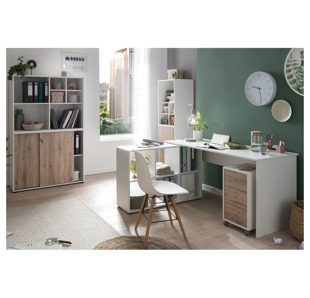 Lomadox Büromöbel-Set BRAGA-80, (Spar-Set, 4-tlg., Regalschrank Schrank Computertisch Container), Büroschrank Schreibtisch Aktenschrank Regal Rollcontainer weiß Eiche von Lomadox