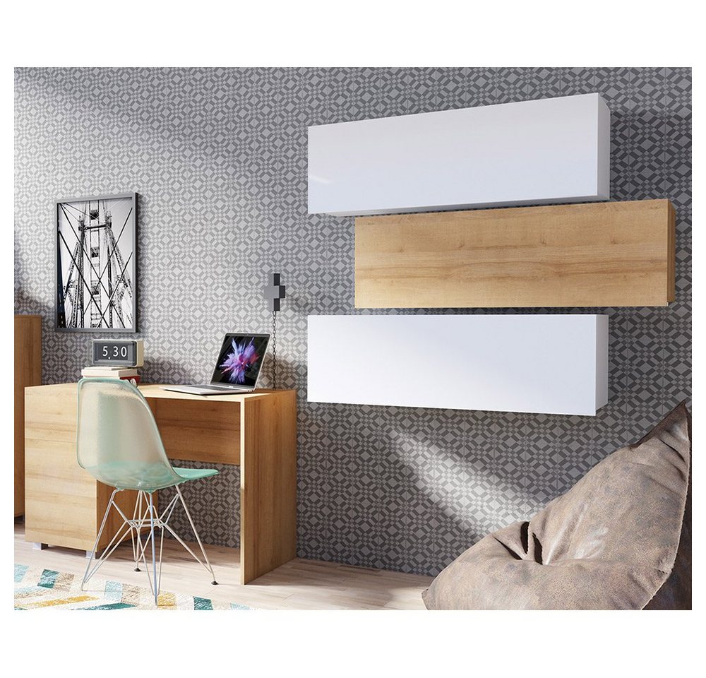 Lomadox Büromöbel-Set CAIRNS-132, (Spar-Set, 4-tlg., Computertisch Wandregale), in weiß Hochglanz und Eiche Nb., Modern, grifflos von Lomadox