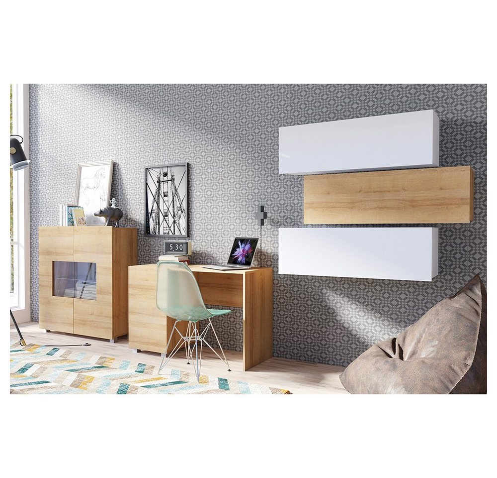 Lomadox Büromöbel-Set CAIRNS-132, (Spar-Set, 5-tlg., Highboard Schreibtisch Wandregale), in weiß Hochglanz und Eiche Nb., Modern, grifflos von Lomadox