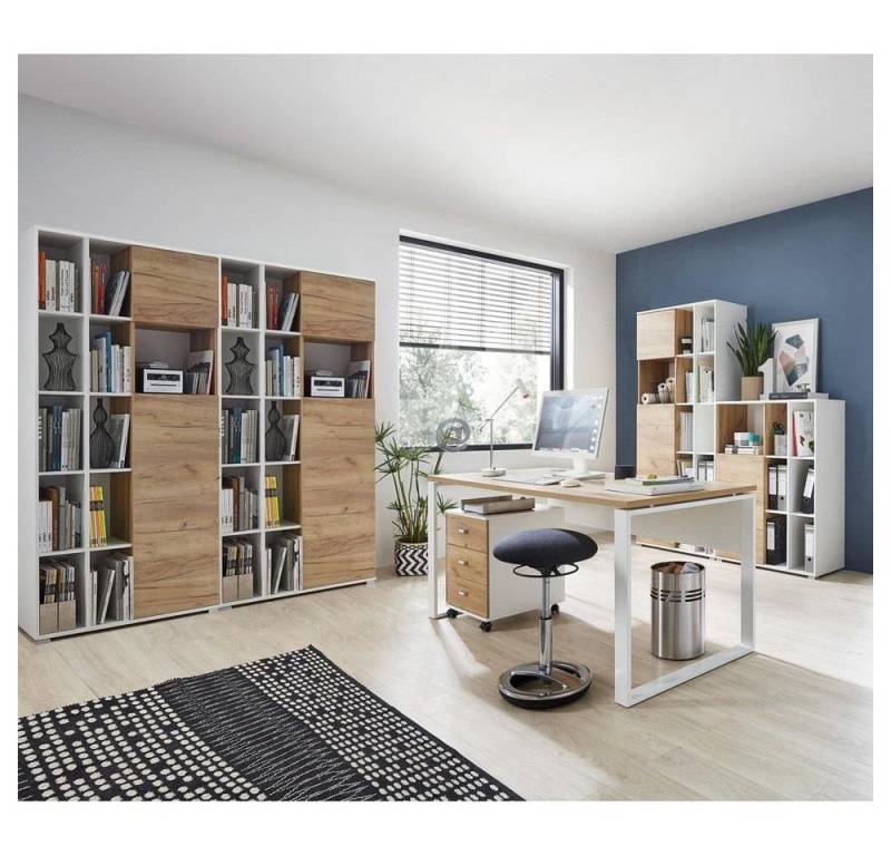 Lomadox Büromöbel-Set GENT-01, (Spar-Set, 6-tlg., Schreibtisch Rollcontainer Aktenschrank Büroschrank), in weiß mit Navarra Eiche Nb. mit Container 340x197x40cm von Lomadox