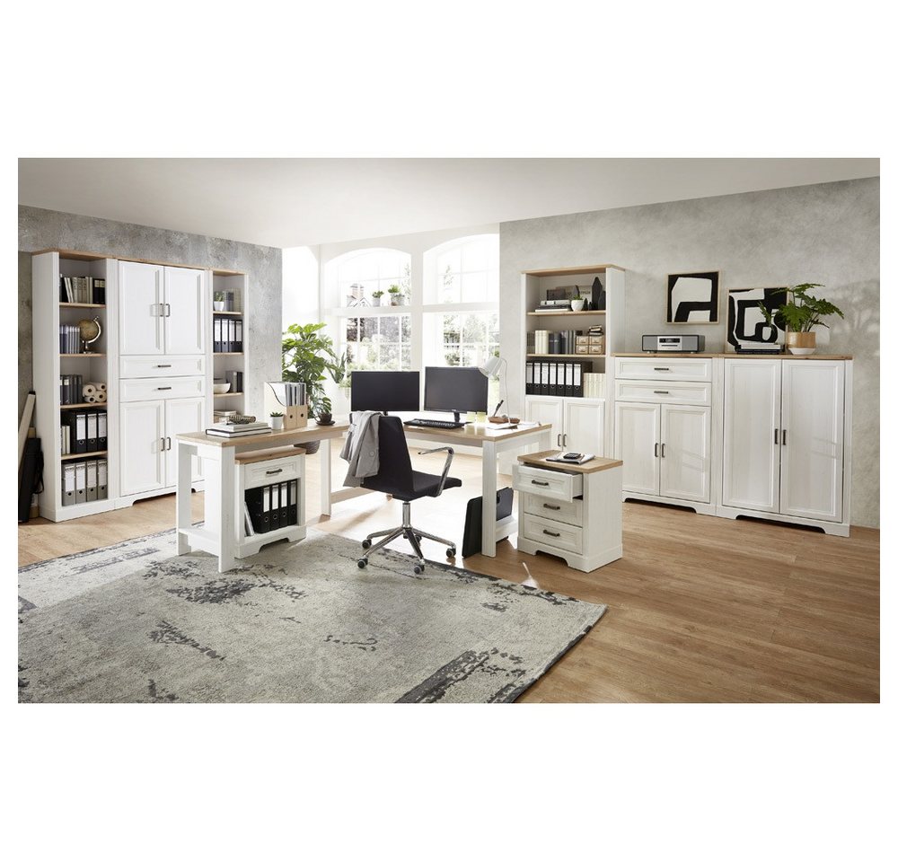 Lomadox Büromöbel-Set JUELICH-36-O, (Spar-Set, 10-tlg., Aktenschrank Aktenregal Büroschrank Rollcontainer Schreibtisch), Büro Komplett Set mit Winkelschreibtisch in Pinie hell mit Eiche von Lomadox