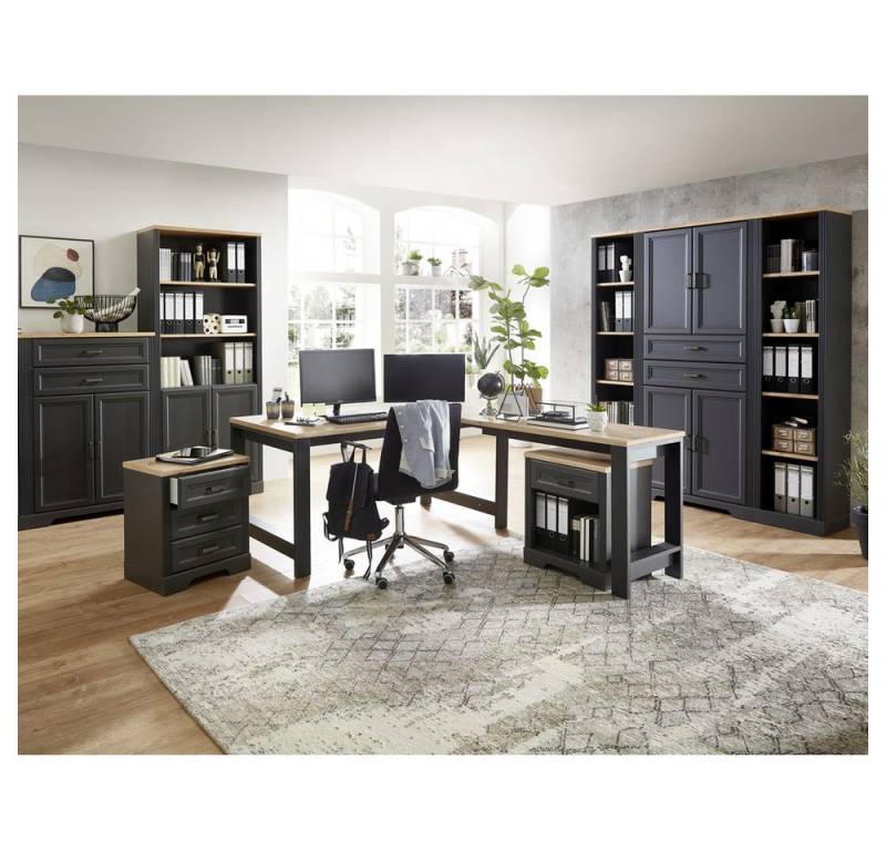 Lomadox Büromöbel-Set JUELICH-36-O, (Spar-Set, 9-tlg., Aktenschrank Aktenregal Container Schreibtisch Büroschrank), Arbeitszimmer Büro Set mit Winkelschreibtisch Graphit mit Eiche von Lomadox
