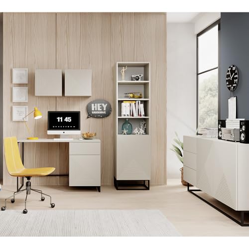 Lomadox Büromöbel-Set Jugendzimmer-Set Kaschmir mit gerillter Front 5-teilig, 2 Hängeschränke, Schreibtisch, Regalschrank, Sideboard grifflos, Push-to-Open, Metallgestell schwarz von Lomadox
