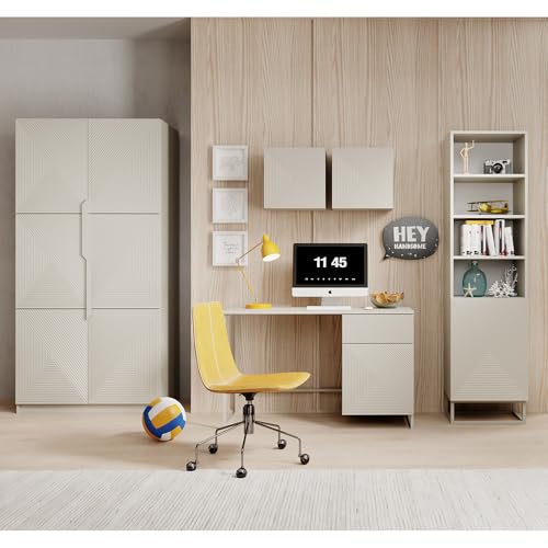 Lomadox Büromöbel-Set Jugendzimmer-Set Kaschmir mit gerillter Front 5-teilig, Kleiderschrank, 2 Hängeschränke, Schreibtisch, Regalschrank grifflos, Push-to-Open, Metallgestell kaschmirfarben von Lomadox