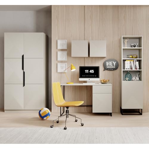 Lomadox Büromöbel-Set Jugendzimmer-Set Kaschmir mit gerillter Front 5-teilig, Kleiderschrank, 2 Hängeschränke, Schreibtisch, Regalschrank grifflos, Push-to-Open, Metallgestell schwarz von Lomadox