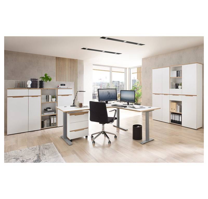 Lomadox Büromöbel-Set MANRESA-36-WHITE, (Spar-Set, 8-tlg., Büroschränke Büroregale Rollcontainer Winkelschreibtisch), Arbeitszimmer 8-teilig, weiß mit Eiche, griffloses Design von Lomadox