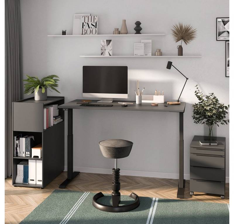 Lomadox Büromöbel-Set MEMPHIS-01, (Spar-Set, 3-tlg., Raumteiler Rollcontainer Computertisch), graphit, mit Schreibtisch 140x80cm, stufenlos elektrisch verstellbar von Lomadox