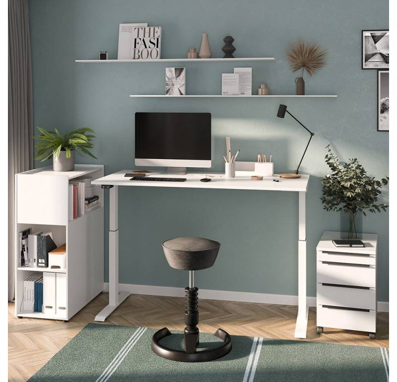 Lomadox Büromöbel-Set MEMPHIS-01, (Spar-Set, 3-tlg., Raumteiler Rollcontainer Computertisch), weiß, mit Schreibtisch 180x80cm, stufenlos elektrisch verstellbar von Lomadox
