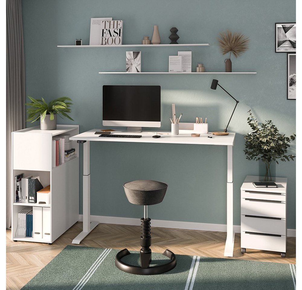Lomadox Büromöbel-Set MEMPHIS-01, (Spar-Set, 3-tlg., Rollcontainer Raumteiler Computertisch), weiß, mit Schreibtisch 140x80cm, stufenlos elektrisch verstellbar von Lomadox
