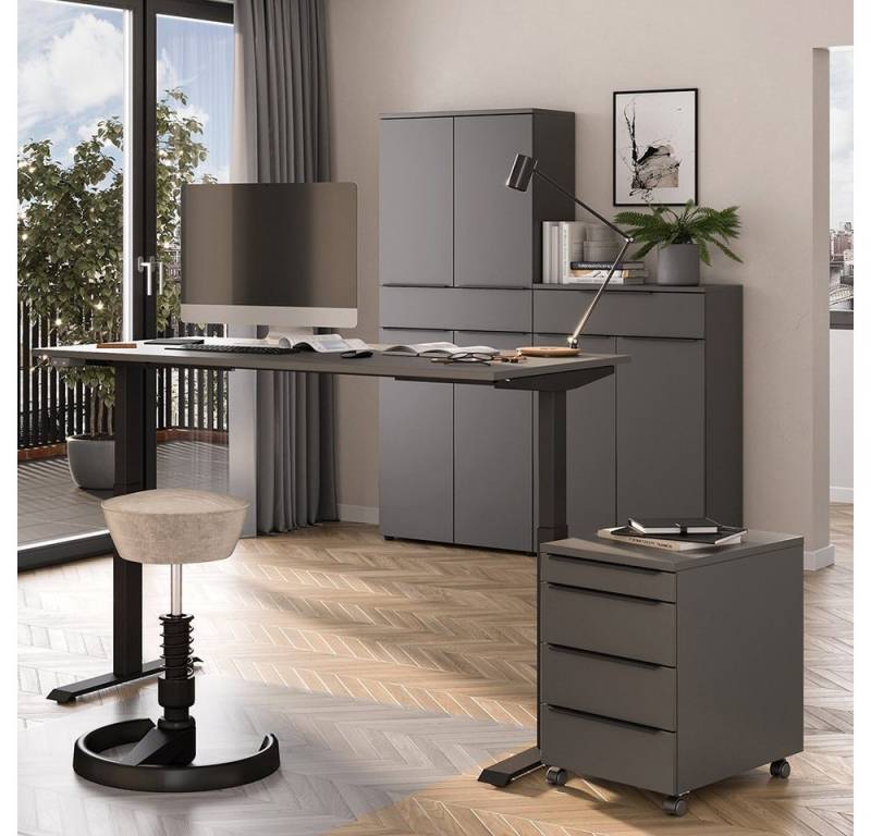 Lomadox Büromöbel-Set MEMPHIS-01, (Spar-Set, 4-tlg., Aktenschrank Büroschrank Rollcontainer Computertisch), Büroausstattung in graphit, mit Schreibtisch 140x80cm von Lomadox